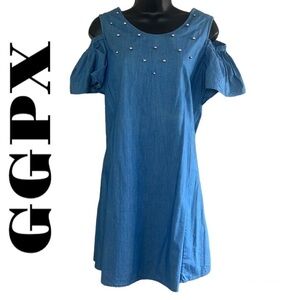 GGPX Blue Thin Denim Studded Cold Shoulder Shift Dress Size S